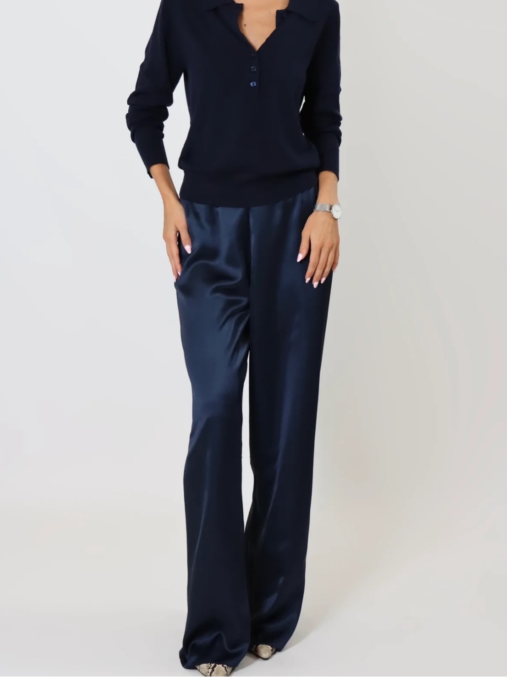 Satin Wide-Leg Pants in Navy - Women